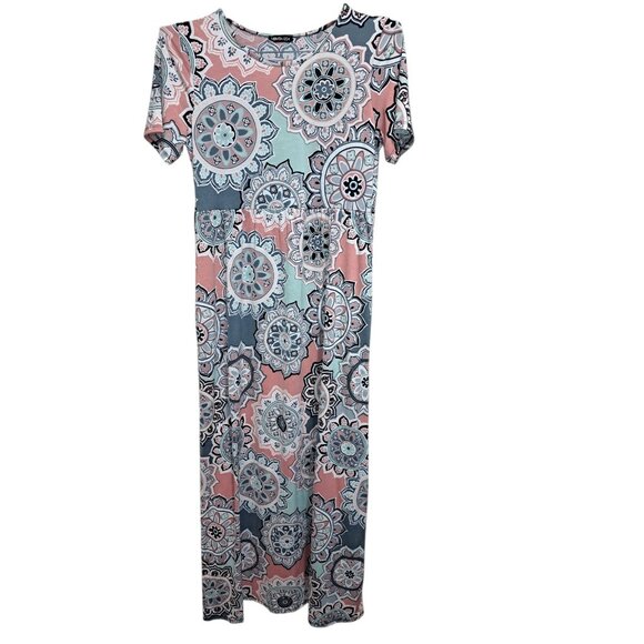Heimish USA Womens XL Short Sleeve Maxi Dress Multicolor Boho Mandala Stretch - Picture 1 of 6